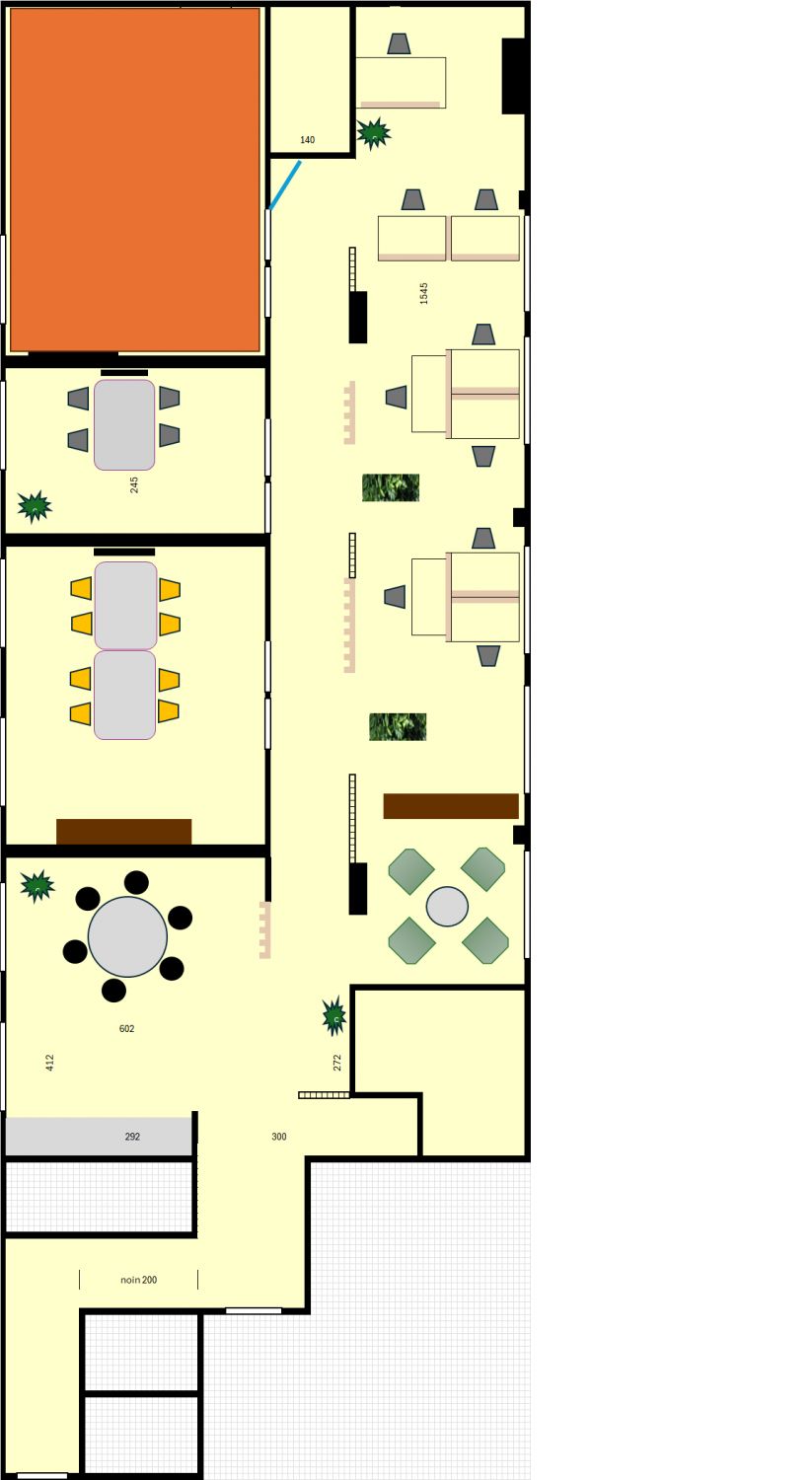 Toimisto yhteensä 200 m2, vuokrattava huone oranssilla