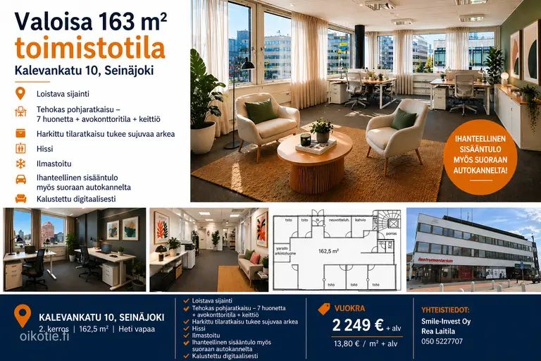 Seinäjoen keskustan yksi parhaimmista sijainneista, avara toisen kerroksen kulmahuoneisto 162,5 m2. 