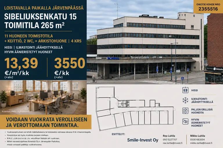 Järvenpäässä huippuhyvällä paikalla, 265 neliön toimitila. Vuokra 3.550€. Hissi. Ilmastointi jäähdytyksellä. ...