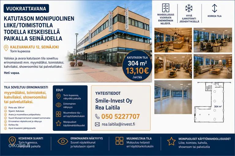 Seinäjoen ydinkeskustassa, 304 m2 liike-, tai toimishuoneisto. Vuokra 3980 € + alv. Neliöhinta 13,10 € + alv. 