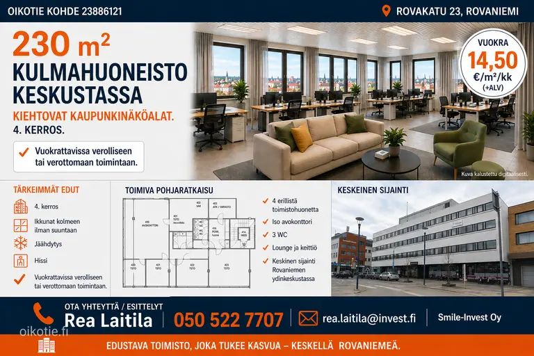 Todella keskeisellä sijainnilla Rovaniemen ydinkeskustassa, valoisa 230 m2 toimistotila. 