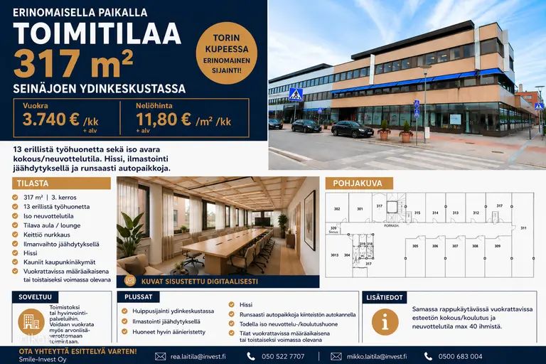 Huippuhyvällä sijainnilla, tyylikäs 317 neliön toimitila Seinäjoen ydinkeskustassa. Vuokra 3.740€ + alv.