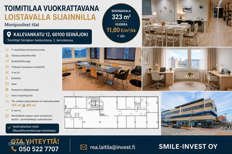 Tyylikäs 323m2 toimitila, Seinäjoen sydämessä. Toinen kerros. Vuokra 3.812€ Ilmastointi jäähdytyksellä. 