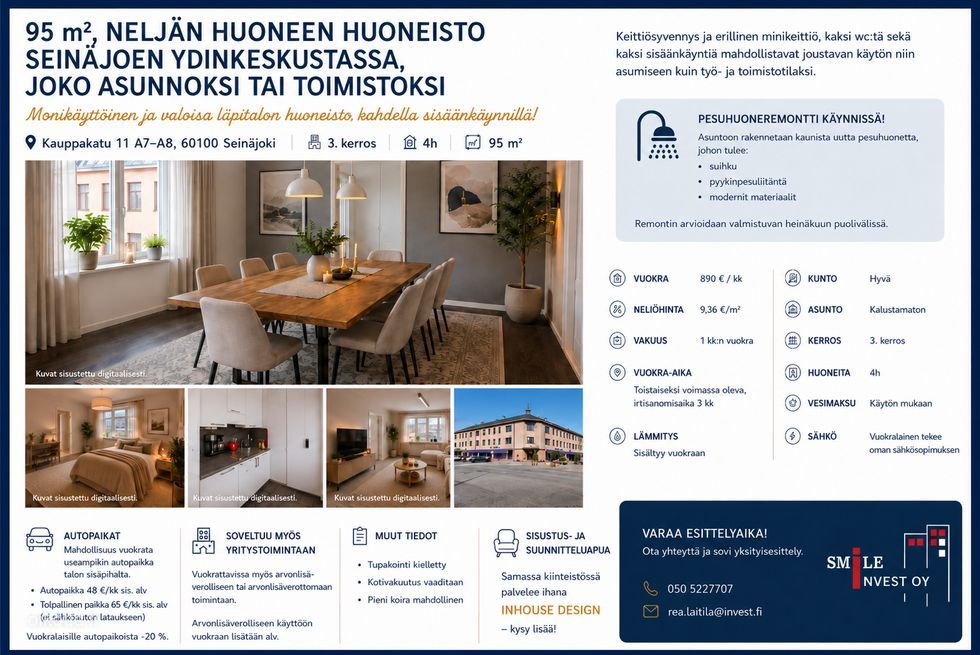 Seinäjoen ydinkeskustassa, Kauppakatu 11 A7-A8, neljän huoneen huoneisto, 95m2, kolmas kerros.