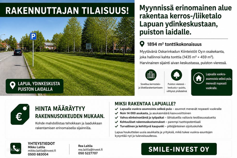 Myytävänä Lapuan keskustassa, puiston reunalla 1894 m2 liike/kerrostalo tontti alue erinomaisella sijainnilla Hinta määr...