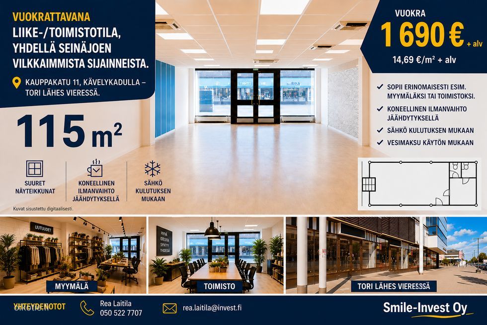 Yhdessä Seinäjoen keskustan vilkkaimmista sijainnissa vuokrattavissa katutason liike/toimistotila, 115 m2.