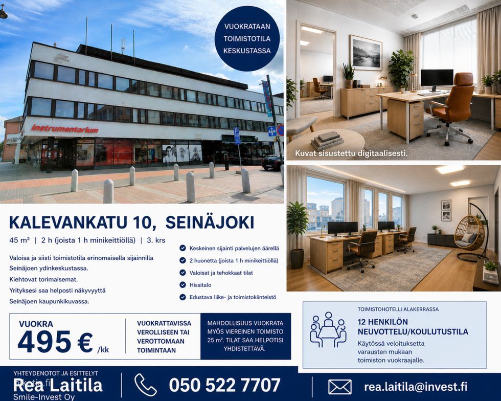 Valoisa kahden huoneen, 45 m2 toimisto Seinäjoen ydinkeskustassa, huippupaikalla. Kauniit torinäkymät. Hissi.