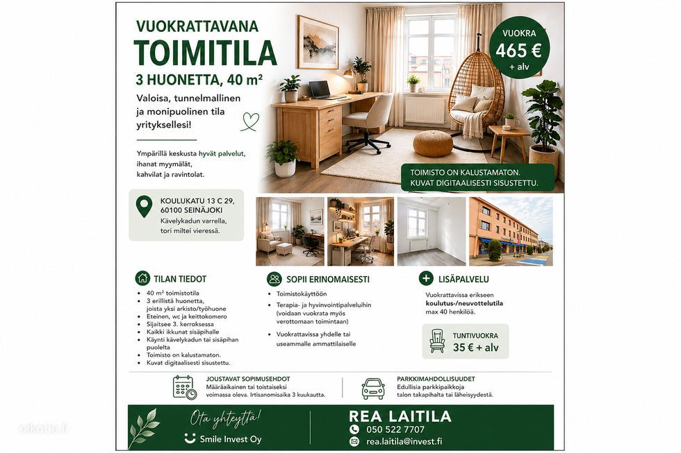 Tunnelmallinen toimitila todella keskeisellä paikalla Seinäjoen ydinkeskustassa vilkkaan kävelykadun varrella. Vuokra 46...