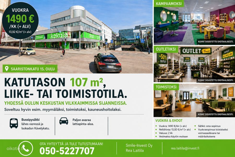 107 neliön liike- / toimitila Saaristonkatu 15, yhdellä Oulun keskustan vilkkaimmista sijainneista! Vuokra 1490€ + alv....