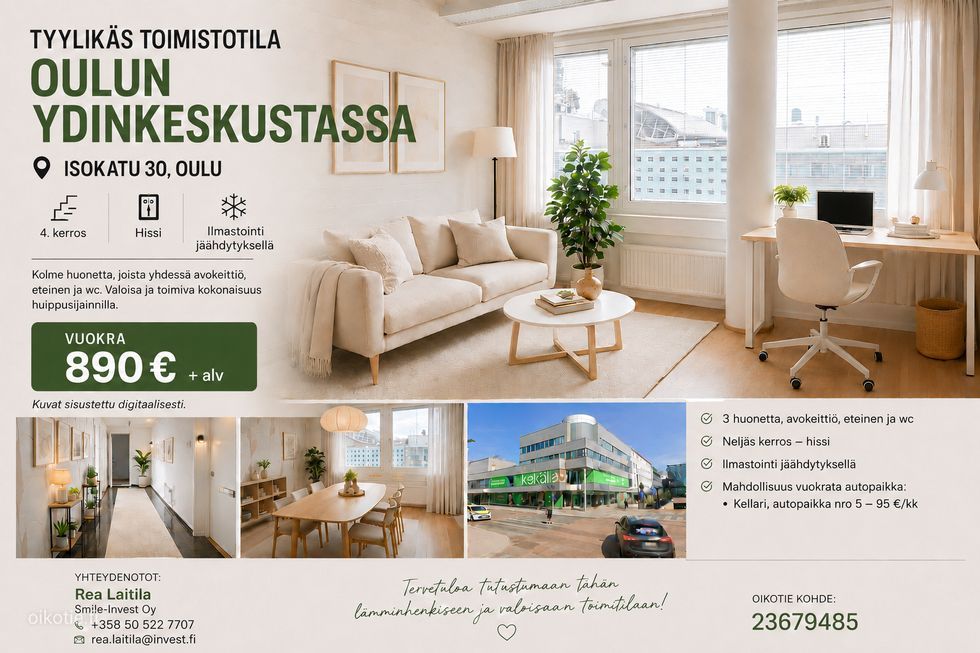 Oulun ydinkeskustassa, yhdellä parhaimmista sijainneista, Isokatu 30:ssä, tyylikäs ja valoisa, kolmen huoneen, 50 neliön...