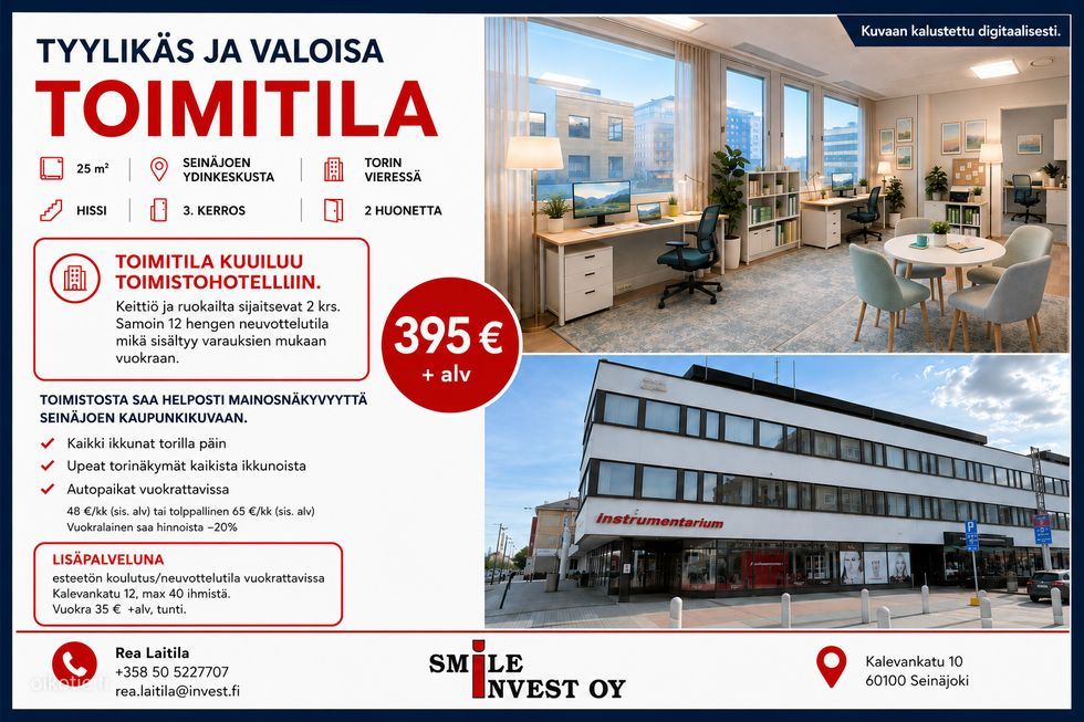 Tyylikäs ja valoisa, 25 neliön toimitila Seinäjoen ydinkeskustassa ihanteellisella paikalla, torin vieressä. Kaksi huone...