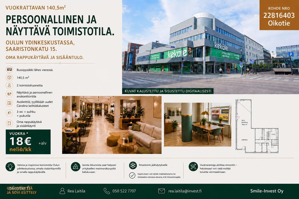 Oulun keskustan yhdestä parhaimmista sijanneista 140.5 m2 inspiroiva toimistotila. Kaksi huonetta, + avokonttoritila, av...