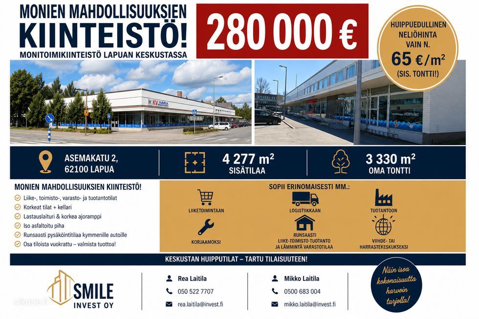 Myydään Lapuan ydinkeskustassa entinen Centrumin liike-, toimisto-,tuotanto-,korjaamo-,varastokiinteistö. Asemakatu 2, 6...