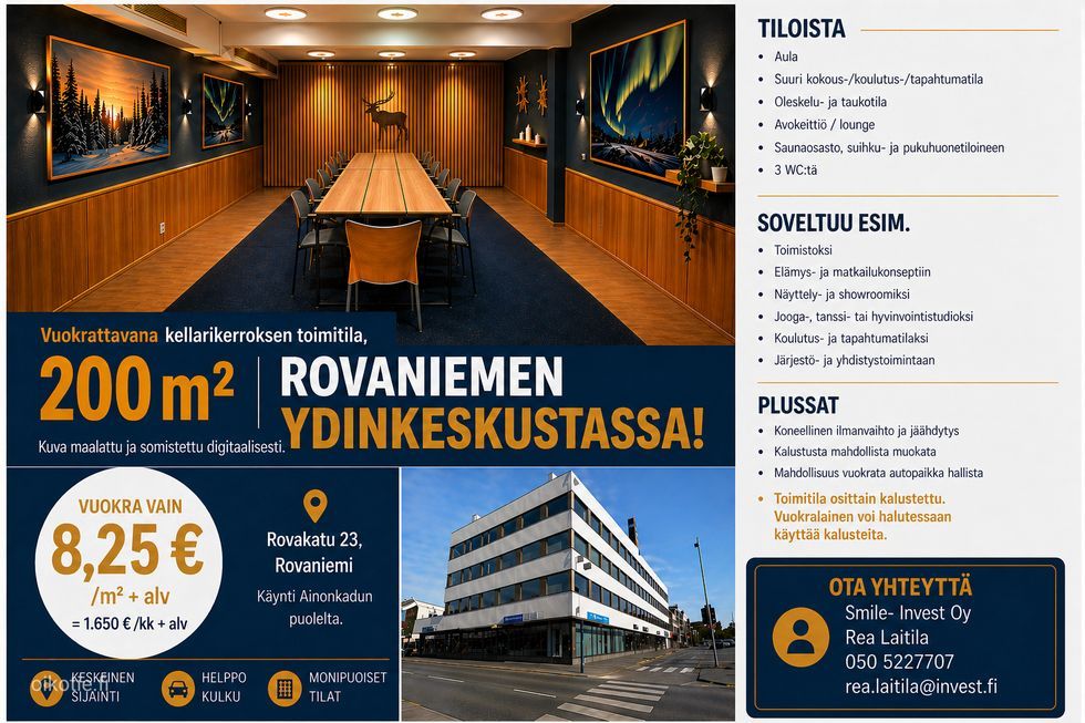 Rovaniemen ydinkeskustassa, 200 m2 tomitila. Huoneiso sijaitsee kellarikerroksessa. Vuokra 1.650€ +alv.