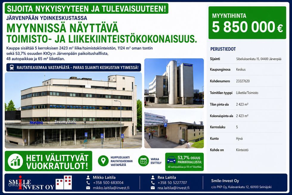 Myynnissä, näyttävä 5 krs Liike/toimistokiinteistö 2424 m2, Järvenpään ydinkeskustassa omalla tontilla.