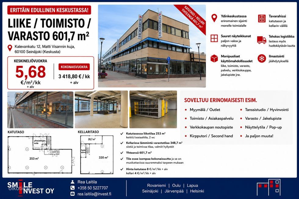 Seinäjoen ydinkeskustassa liike/toimisto/varastotila. Katutasossa neliöitä 253 m2 ja kellarissa 348,7 m2.