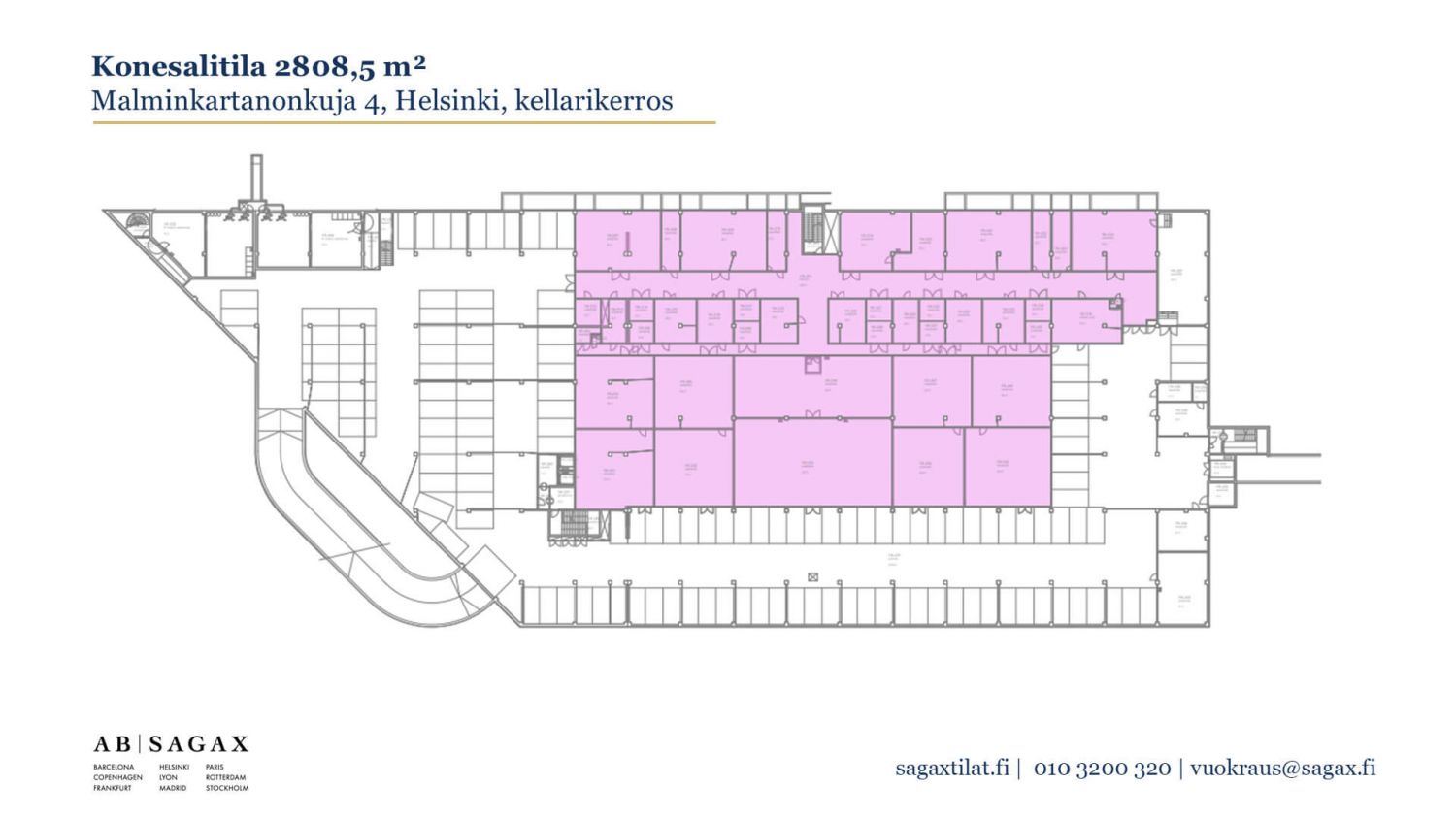 Vuokrattavan konesalitilan pohjakuva Helsingin Konalassa.