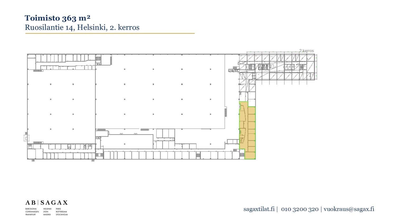Vuokrattavan toimiston pohjakuva Ruosilantie 14:ssa Helsingin Konalassa.