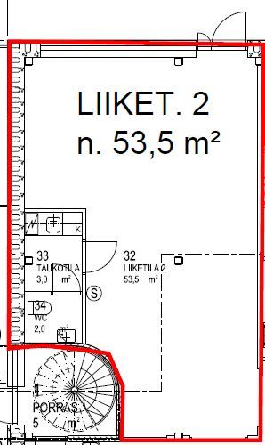 Noin 53,5 neliömetrin suuruisen liiketilan pohjapiirros punaisella rajauksella.