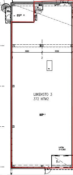 Liikehuoneiston pohjapiirros, jossa on punaisella rajattu alue.