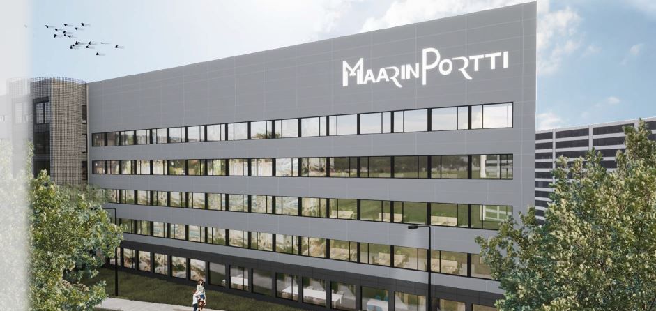 Havainnekuva modernista Maarin Portti -toimistorakennuksesta.