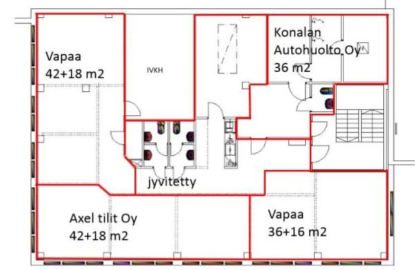 Pohjapiirros rakennuksen eri tiloista, pinta-aloista ja vuokralaisista.