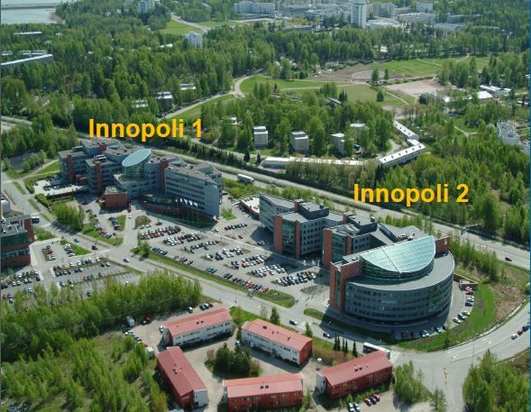 Ilmakuva Innopoli 1- ja Innopoli 2 -toimistorakennuksista.