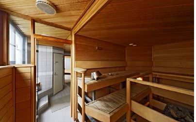 Puuverhoiltu sauna lauteineen.