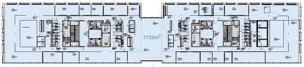 Rakennuksen kerrospohjapiirros, jonka kokonaispinta-ala on 1722 m².